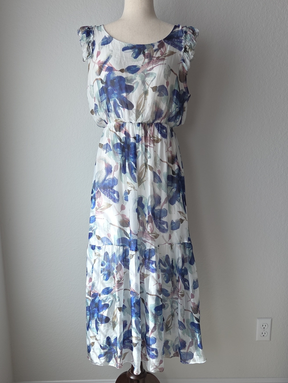 Women's Watercolor Style Flowers Floral Maxi Dress Made In Italy Silk Viscose L